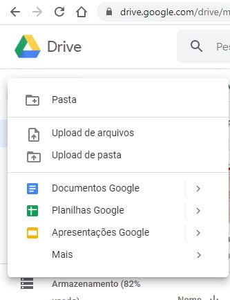 Google Drive, botão "Novo", opções de documentos.